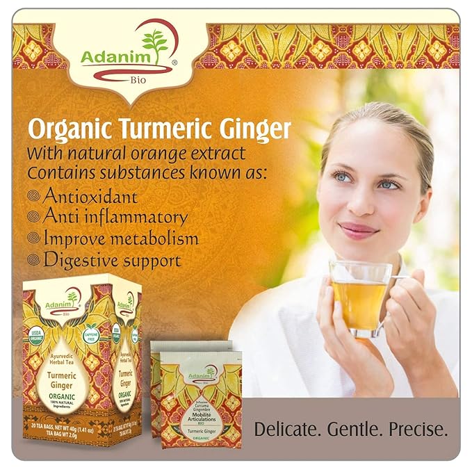 Adanim Bio Ginger Turmeric Tea, Value Pack 80 Teabags, Caffeine-free Organic Blend of Soothing and Flavorful Herbal Infusion for Overall Well-being