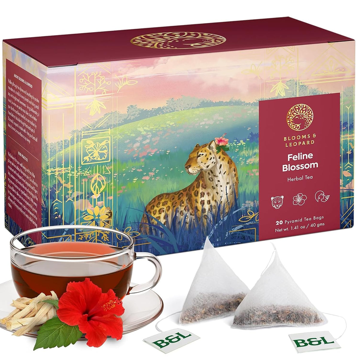 Blooms &amp; Leopard Premium Herbal Tea Bags – Feline Blossom Blend with Hibiscus, Licorice, Fennel, Tulsi &amp; Shatavari – Caffeine-Free Tea – 20 Pyramid Tea Bags, Caffeine-Free for Hot or Iced Tea