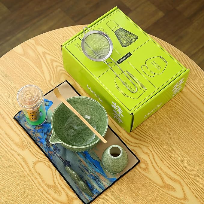 7pcs Matcha Whisk Set for the Perfect Tea Ceremony - Matcha Bowl with Spout, Whisk, and Scoop Matcha Whisk