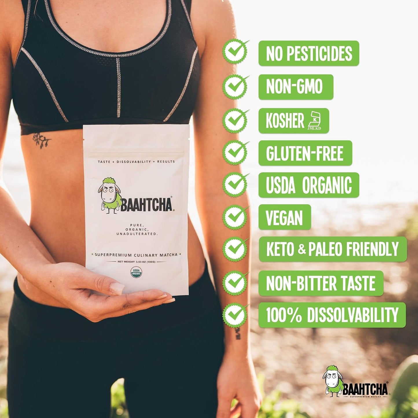 Baahtcha - USDA Organic Matcha Green Tea Powder - Premium Culinary Grade Natural Caffeine Energy Booster, Antioxidant, Kosher, Keto Friendly, Vegan - 100g