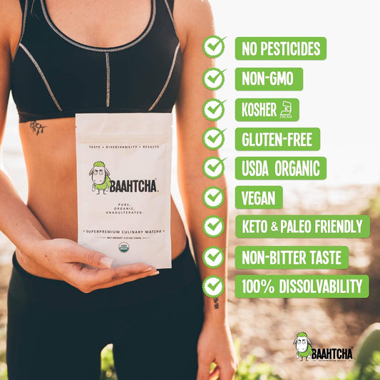 Baahtcha - USDA Organic Matcha Green Tea Powder - Premium Culinary Grade Natural Caffeine Energy Booster, Antioxidant, Kosher, Keto Friendly, Vegan - 100g