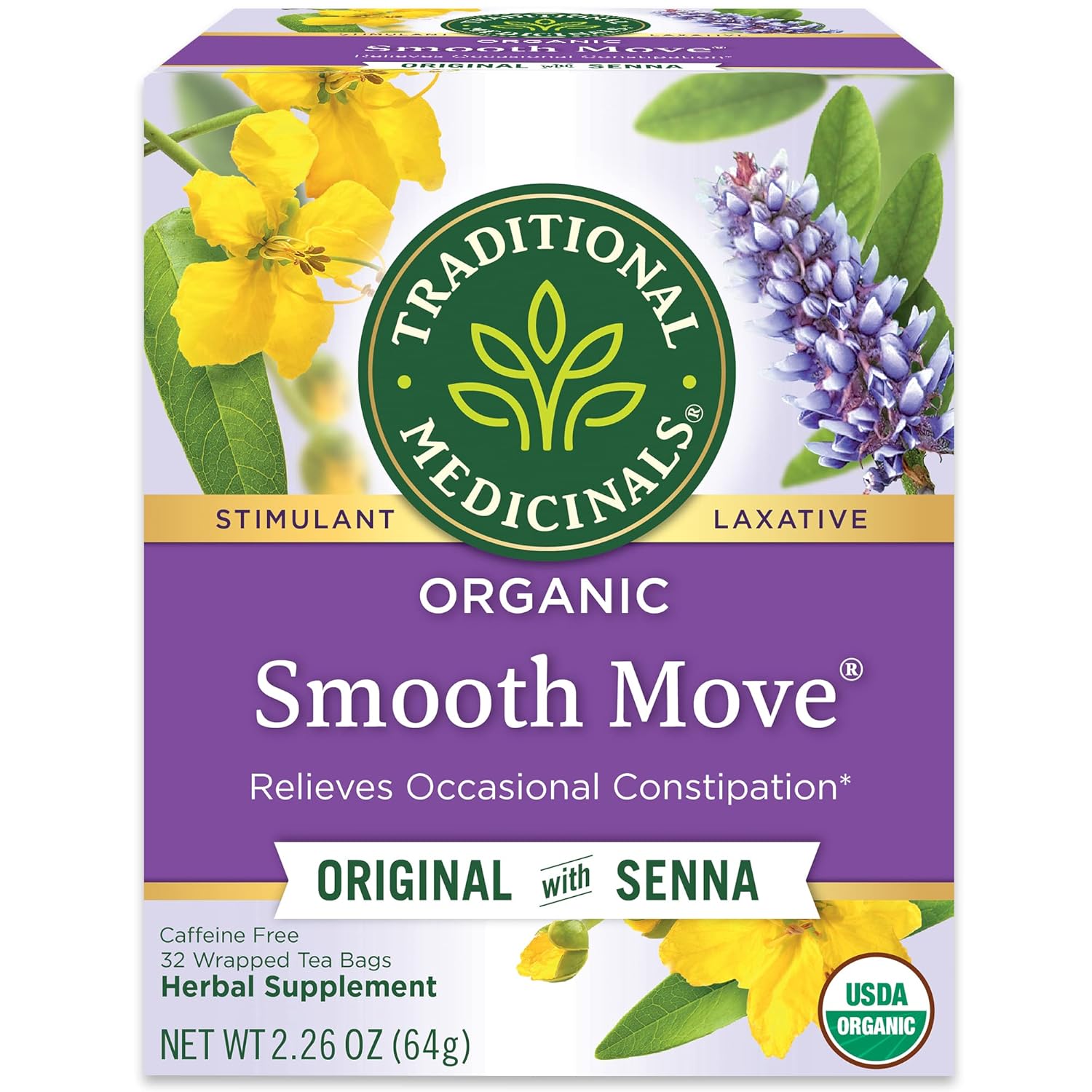 Traditional Medicinals Organic, Smooth Move Tea, Original with Senna - Helps Relieve Constipation Overnight - Kosher, Non-GMO, Caffeine-Free - 32 Tea Bags