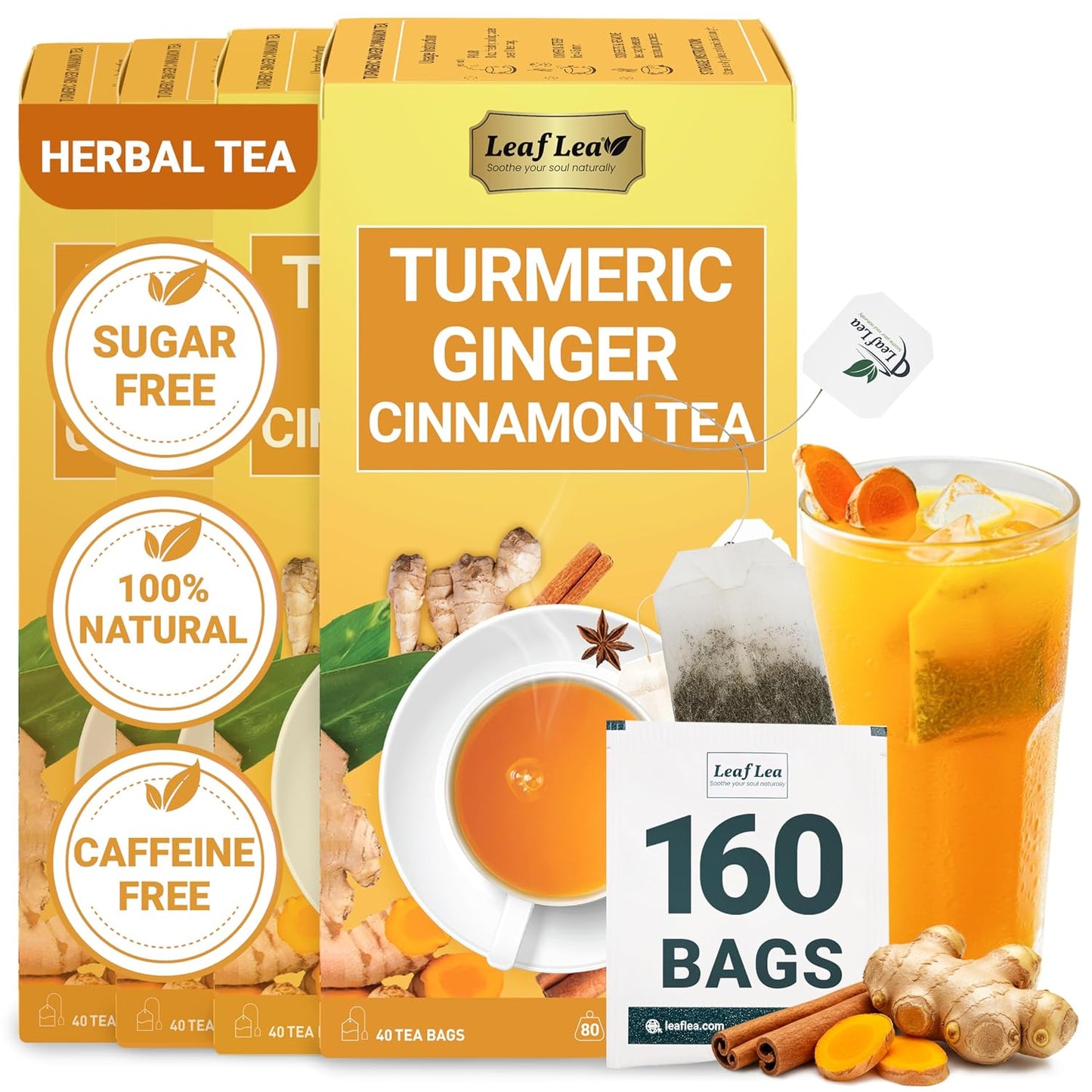 LeafLea Turmeric Tea with Ginger &amp; Cinnamon, 160 Ct Caffeine-Free, 4 Boxes | Individually Foil-Wrapped Sachets, 160-Bag Family Supply, Turmeric Ginger Cinnamon Herbal Blend, No Sugar, Vegan, Gluten-Free