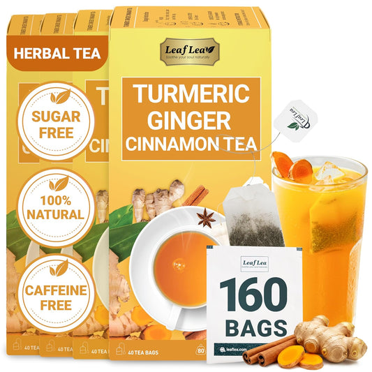 LeafLea Turmeric Tea with Ginger &amp; Cinnamon, 160 Ct Caffeine-Free, 4 Boxes | Individually Foil-Wrapped Sachets, 160-Bag Family Supply, Turmeric Ginger Cinnamon Herbal Blend, No Sugar, Vegan, Gluten-Free