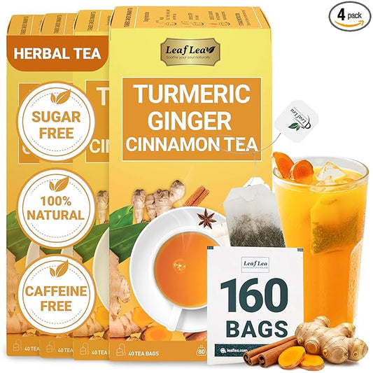 LeafLea 160 Ginger Turmeric Tea Bags, 100% Natural & Pure Herbal Tea Blend of Turmeric Ginger Tea with Cinnamon, Turmeric Tea Supports Digestion & Immunity, Caffeine-Free, No Sugar, Non-GMO