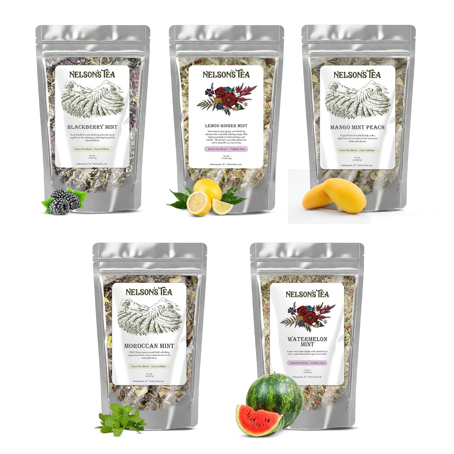 Nelson's Tea Mint Sampler Pack 5 Flavors Variety Loose Leaf Tea, 2oz
