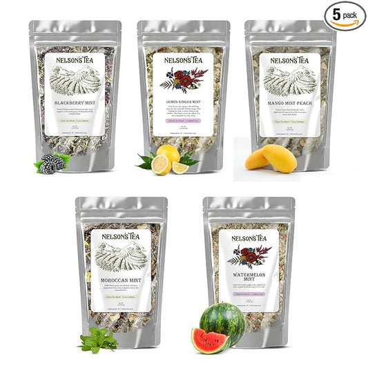 Nelson's Tea Mint Sampler Pack - 5 Variety Pack - Loose Leaf Tea Sampler - BlackberryMint 2oz, Lemon Ginger Mint 1.6 oz, MangoMint Peach 2oz