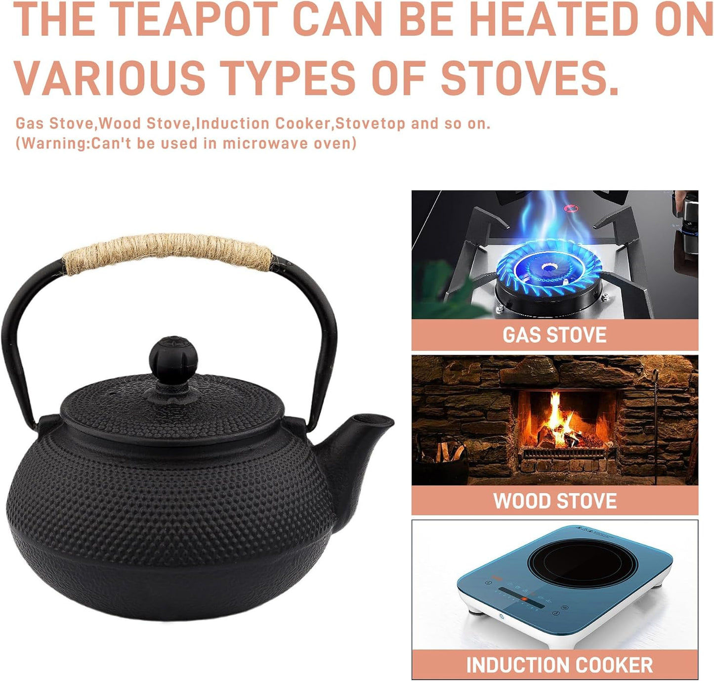 20.3oz Only, Small Tea Kettle for 1-2 Cups, Japanese Tetsubin, Cast Iron Teapot with Stainless Steel Infuser for Loose Leaf &amp; Coffee, Tea Pot for Stovetop Safe, Enamel Interior(Black, 600ml)
