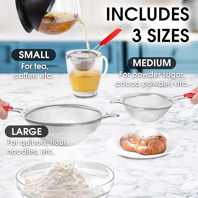 Zulay Kitchen Premium Stainless Steel Fine Mesh Strainer Set - Strainers For Kitchen (Set of 3) With Non-Slip Handles - Includes A Small, Medium & Large Fine Mesh Sieve Set - Durable Metal Strainer