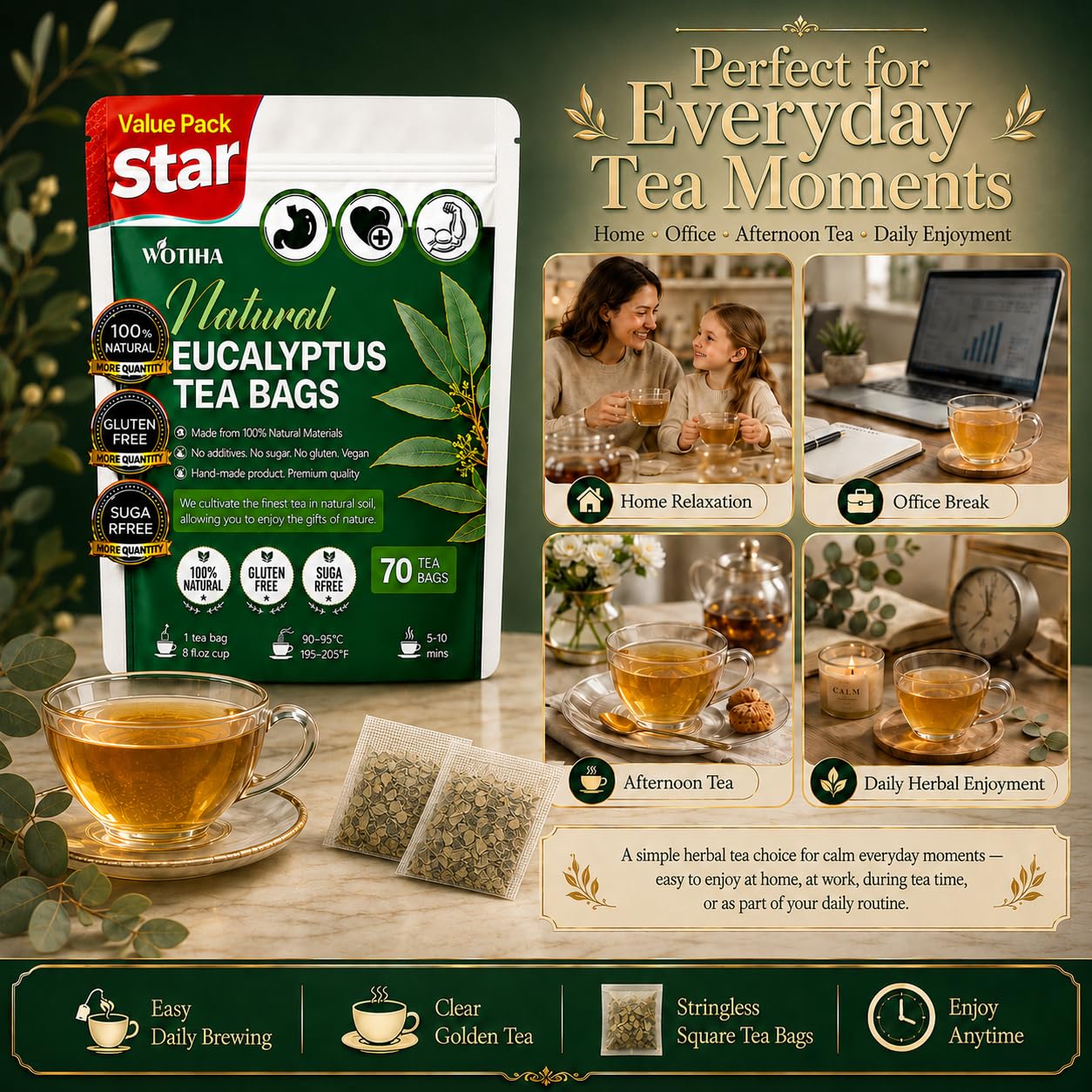 WOTIHA 70 Count Premium Eucalyptus Tea Bags - 100% Natural Eucalyptus Leaves, Boosts Respiratory Health,Non-GMO Caffeine-Free, Additive-Free, Sugar-Free, Vegan