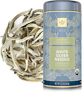 Teabloom Organic White Silver Needle Loose Leaf Tea, Rare USDA Certified Organic & Kosher White Tea With Delicate Honeysuckle Notes, 2.12 oz/60 g Canister Makes 35-50 Cups