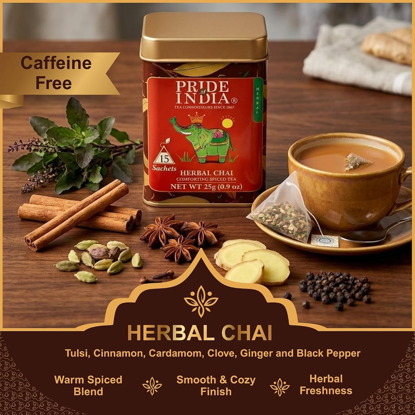 Pride of India Herbal Chai Spiced Tea – 90 Pyramid Tea Bags (6 PACK) | Individually Wrapped Warm &amp; Comforting Spice Tea with Tulsi, Cinnamon, Cardamom, Clove, Ginger &amp; Black Pepper | Caffeine Free