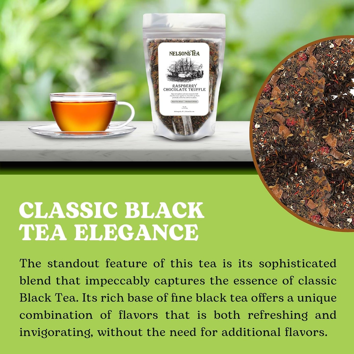 Nelson's Tea Raspberry Chocolate Truffle Leaf Loose Leaf Black Tea, 4 oz | Rooibos • Carob Beans • Hibiscus • Chocolate • Tea • Loose Leaf Tea • Raspberry • Black Tea