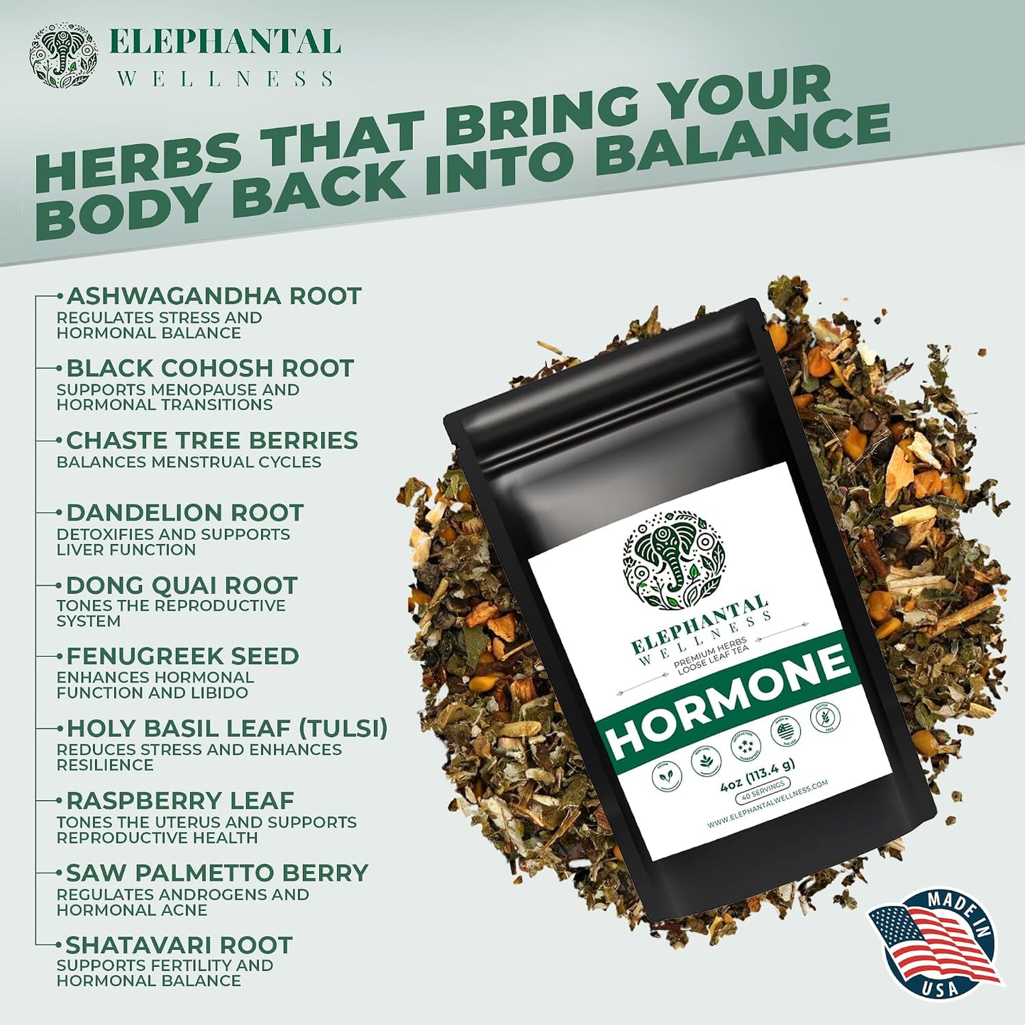 Hormone Support Herbal Tea for Women – Ashwagandha, Vitex, Dong Quai, Shatavari &amp; Raspberry Leaf – Supports Balance, Calm &amp; Daily Wellness – Caffeine-Free, Non-GMO Loose Leaf Tea, 4oz (40 Servings)