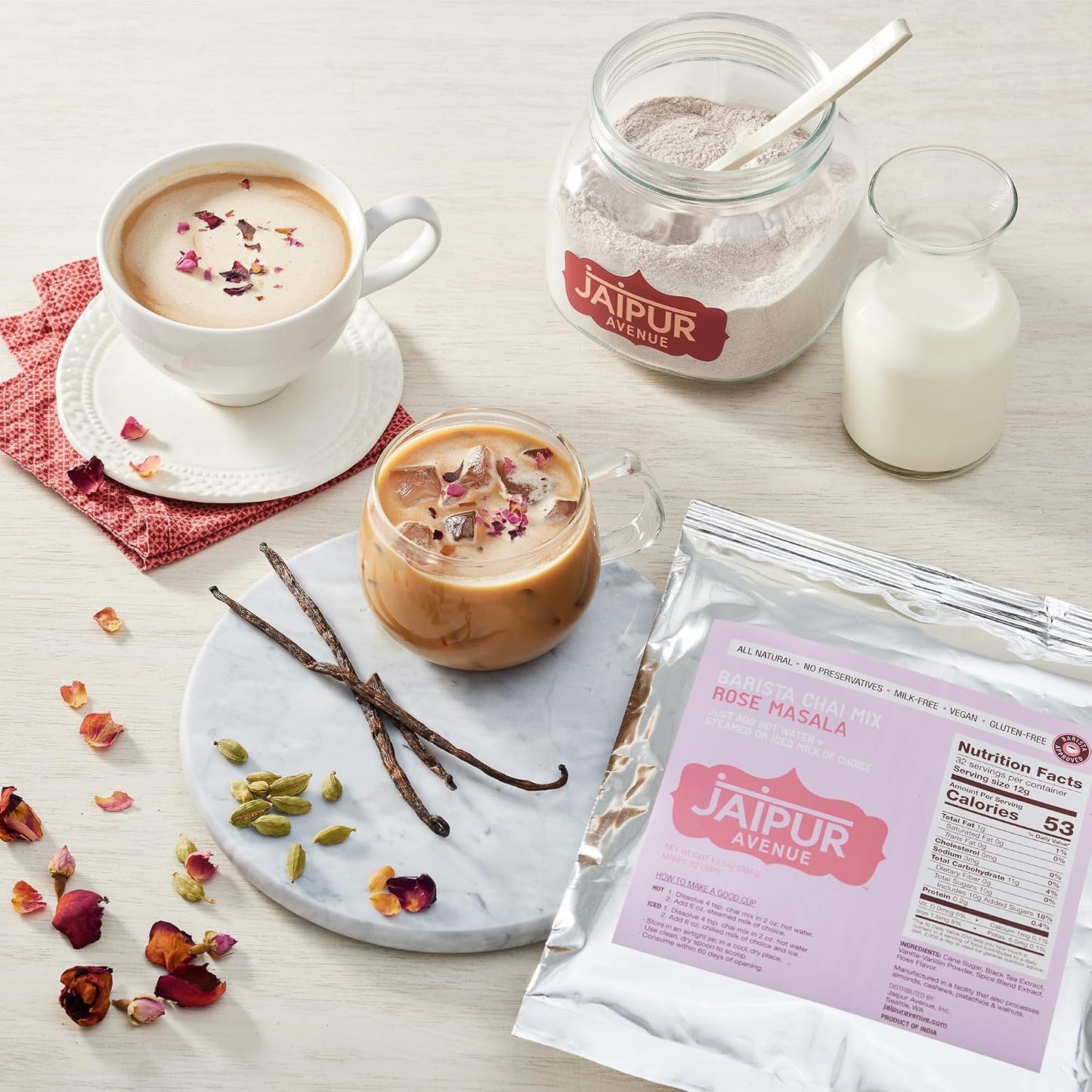 Jaipur Avenue Barista Chai Tea Mix - RoseMasala (without Milk) - Vegan, Preservative-Free, Gluten-Free, Dairy- Free, and Authentic Masala Chai Tea Latte - 13.5 oz, Makes 32 Cups
