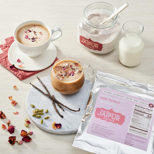 Jaipur Avenue Barista Chai Tea Mix - RoseMasala (without Milk) - Vegan, Preservative-Free, Gluten-Free, Dairy- Free, and Authentic Masala Chai Tea Latte - 13.5 oz, Makes 32 Cups
