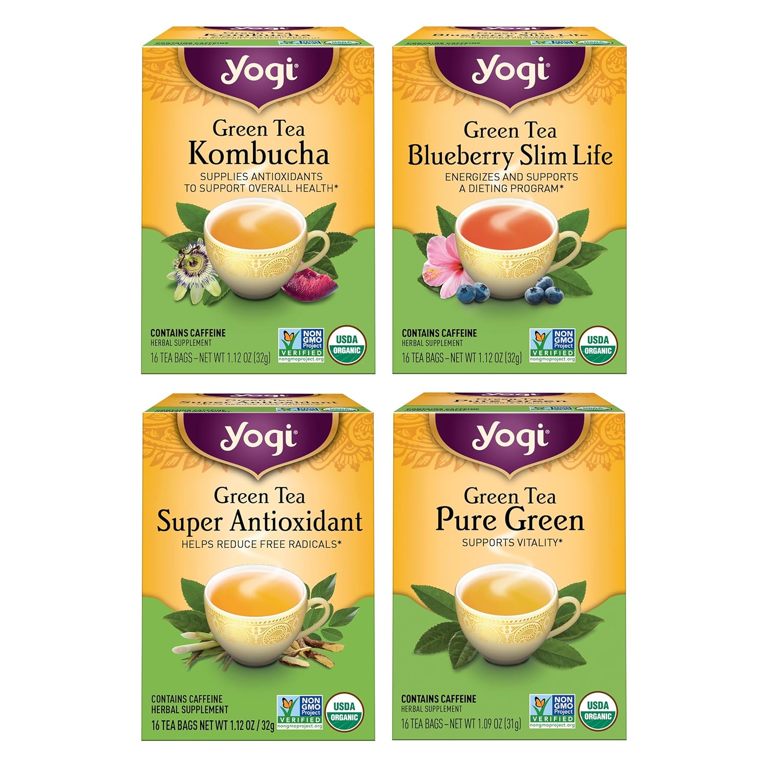 Yogi Tea - Green Tea Variety Pack - 16 Tea Bags Per Pack (4 Pack) - Supports Overall Health & Vitality - Sampler Includes Four Assorted Green Teas - Caffeinated Organic Teas