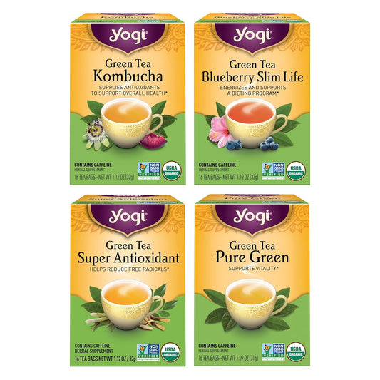 Yogi Tea - Green Tea Variety Pack - 16 Tea Bags Per Pack (4 Pack) - Supports Overall Health & Vitality - Sampler Includes Four Assorted Green Teas - Caffeinated Organic Teas