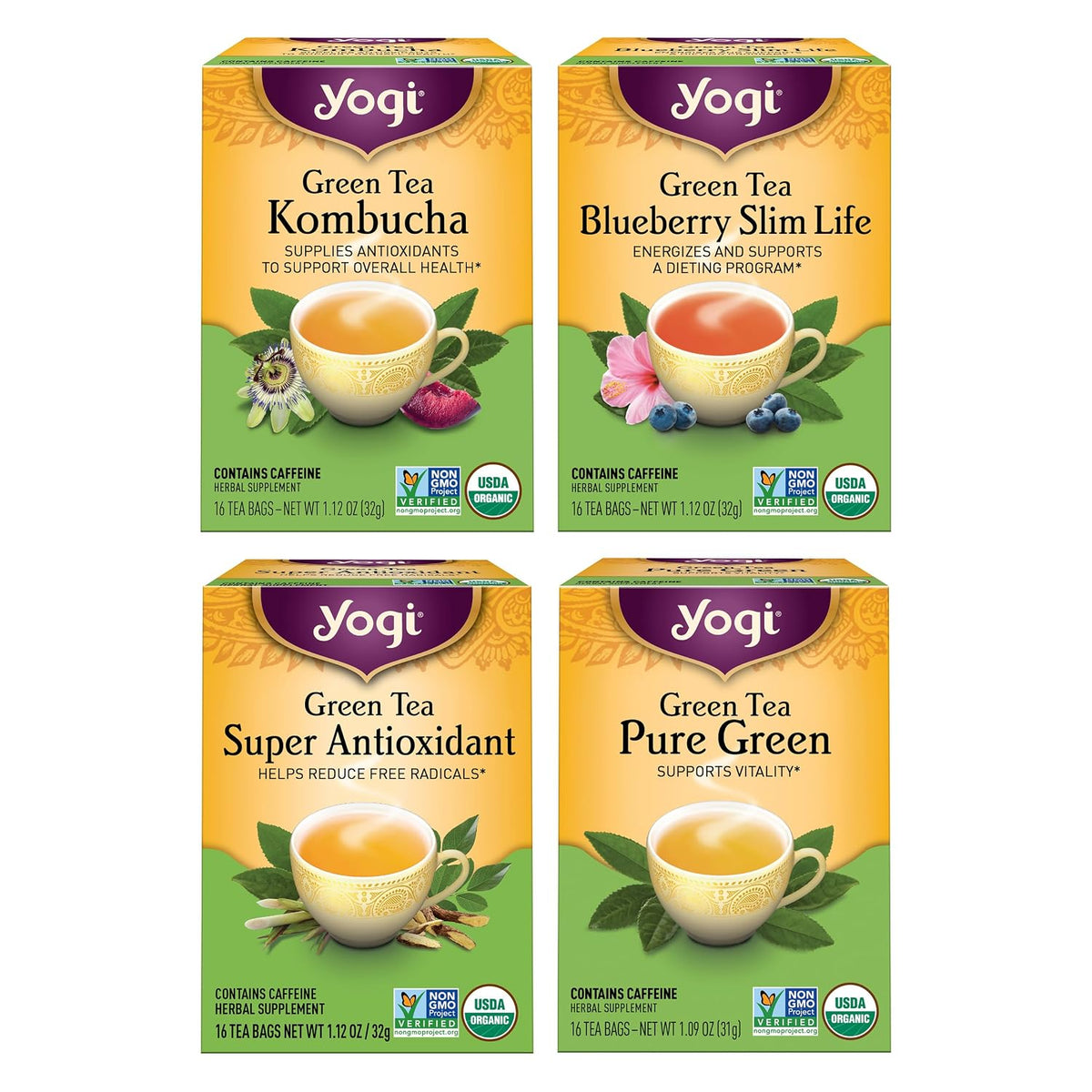 Yogi Tea - Green Tea Variety Pack - 16 Tea Bags Per Pack (4 Pack) - Supports Overall Health & Vitality - Sampler Includes Four Assorted Green Teas - Caffeinated Organic Teas