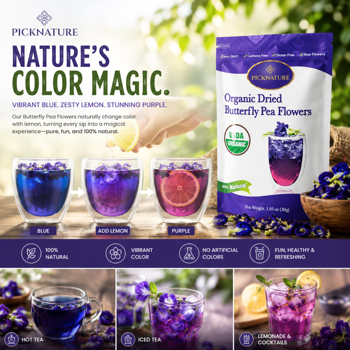 PICKNATURE Organic Butterfly Pea Flower Tea Loose Leaf | Dried Butterfly Pea Flower | Blue Tea Natural Food Coloring | USDA