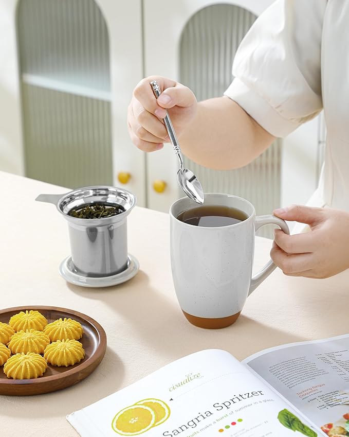 Malacasa Ceramic Tea Mug with Lid and Stainless Steel Infuser, 18 oz Large Tea Cup for Loose Leaf Tea, Heat-Resistant, Microwave & Dishwasher Safe