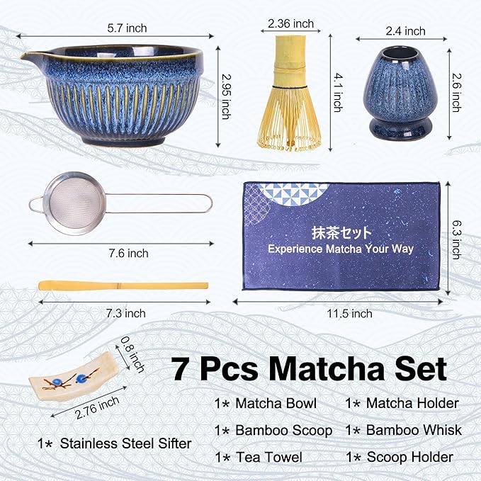 7pcs Matcha Whisk Set with 18oz Spout Bowl, Japanese Tea Ceremony Kit, Natural Bamboo Whisk Scoop, Ceramic Holder Sifter Towel
