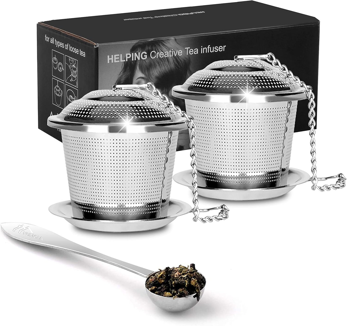 Numola Tea Ball Infuser for Loose Tea with Spoon and Drip Tray, 2Pcs | Loose Leaf Tea Infusers Set, Fine Mesh Tea Steeper, With Spoon and Drip Trays, Extended Chain Hook, Gifts for Men and Women