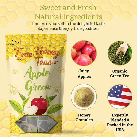 True Honey Apple Green Tea Bags - Honey Crystals Blended in Every Sachet - Young Hyson Green Tea with Apple - All Natural Contains Caffeine Tea Bag 24 Count