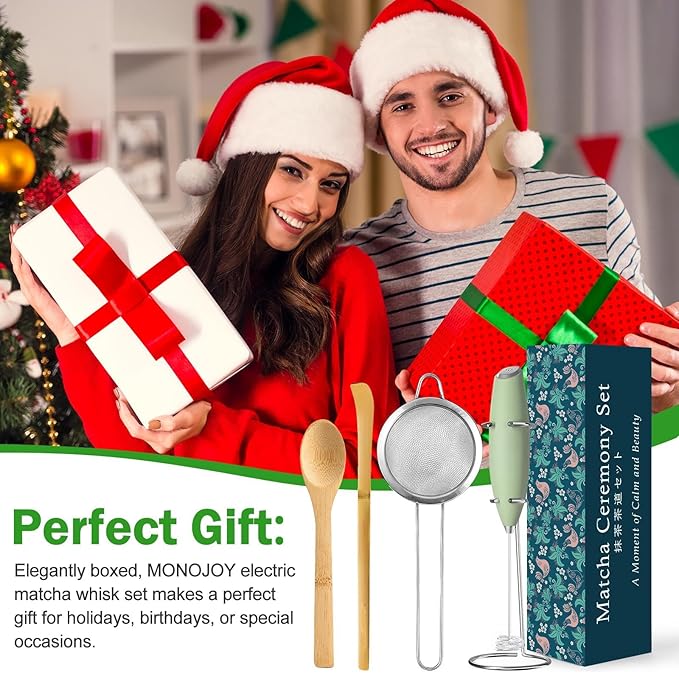 MONOJOY Electric Matcha Whisk Set 4 PCS Matcha Making Kit Powder Mixer Electric Milk Frother Traditional Tea Scoop Chashaku, Spoon, Sifter, Durable Coffee Stirrers Maker Tools Gift for Lovers Beginner