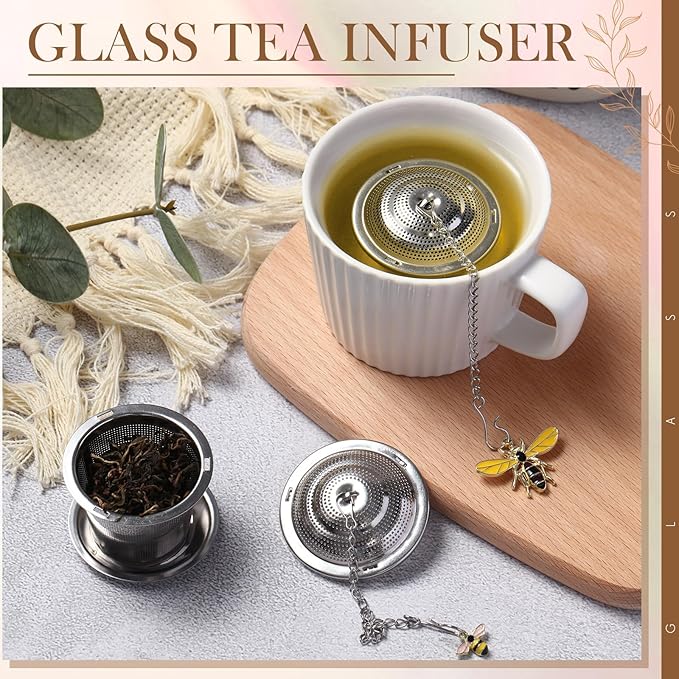 3 Sets Tea Infusers Loose Tea, Stainless Steel Leaf Strainers Steepers with Drip Trays and Honey Bee Pendant Novelty Fine Mesh