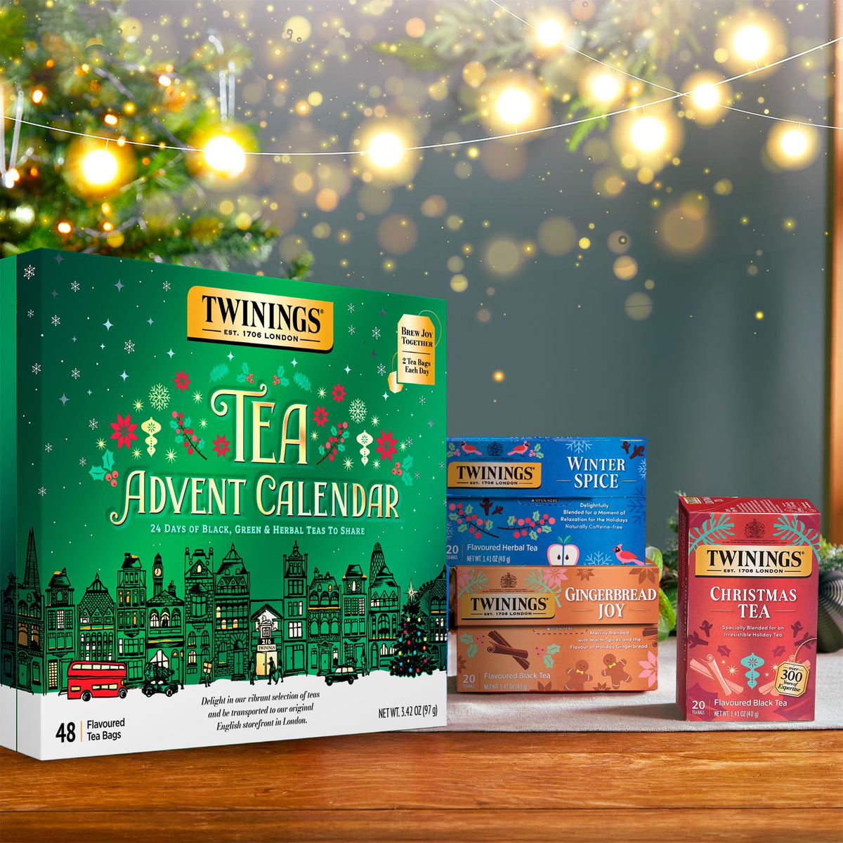 Twinings Tea Advent Calendar Gift Set, 24-Day Holiday Sampler with Black, Green & Herbal Teas, Christmas Countdown Box for