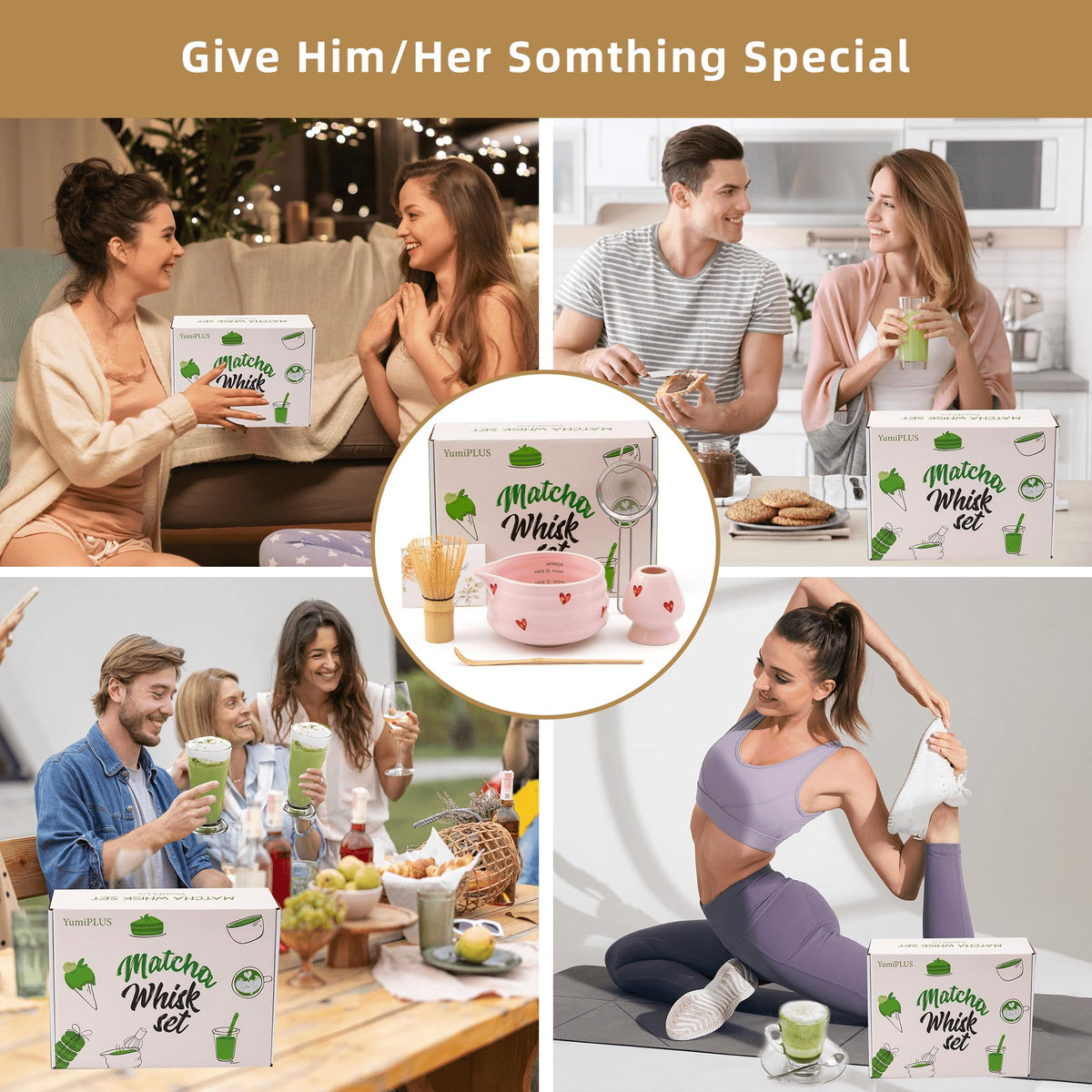 YumiPLUS 5pcs Matcha Set with Bamboo Whisk, Pink Love