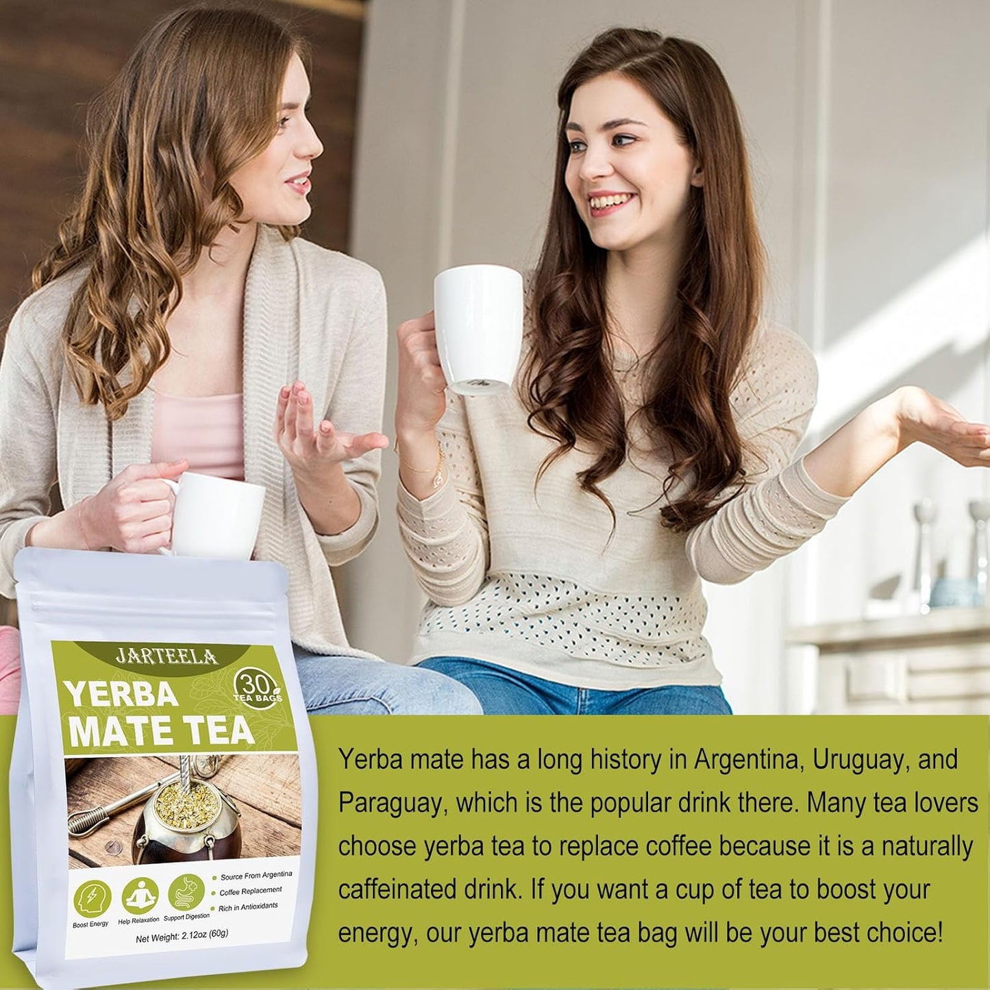 Jarteela - Yerba Mate Tea Bags, 30 Count, Unsmoked Mate Tea | Premium unsmoked Yerba Mate from Argentina, naturally rich in antioxidants, Non-GMO, Smooth, perfect as a coffee alternative