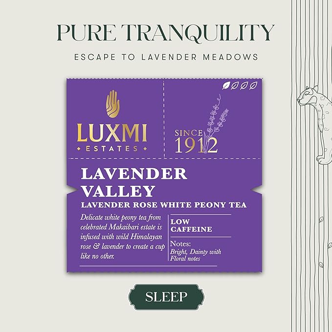 Luxmi Estates Lavender Valley Organic Lavender Tea (25 Tea Bags) Low Caffeine Tea Bags For Sleep, Relaxing, Calming, and Stress Relief