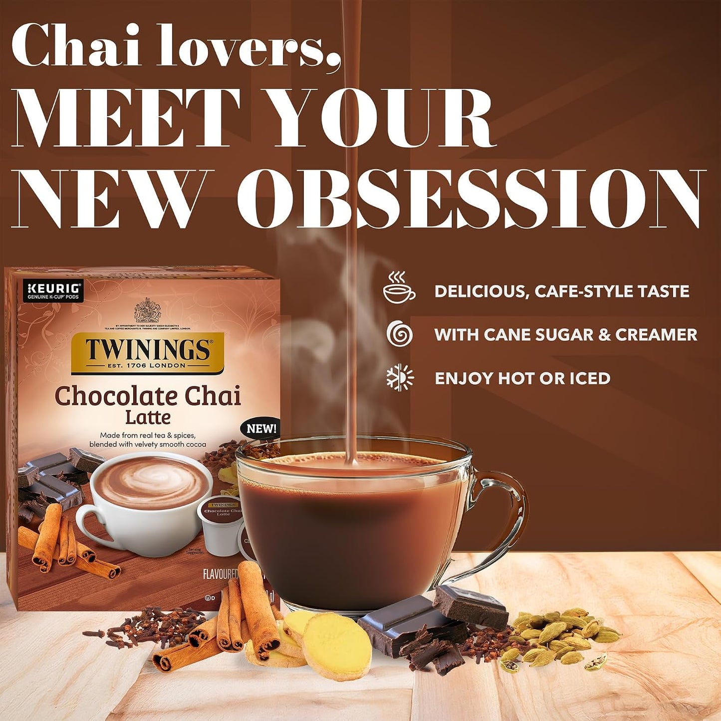 Twinings Chocolate Chai Latte Spiced Tea K-Cups, Keurig 10 CT Box (6 Pack) | Café Style, Velvety Smooth Cocoa, Real Spiced Tea, Naturally Caffeinated, 60 Pods for Single Serve Brewers, Enjoy Hot or Iced