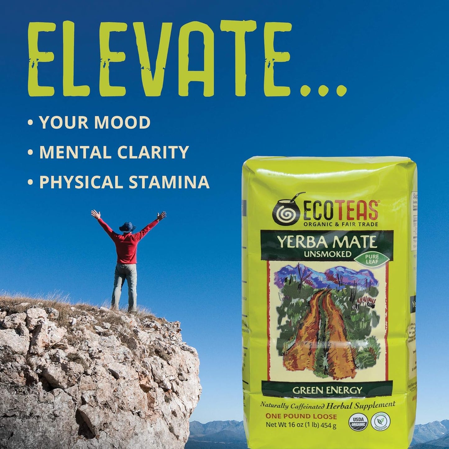 ECOTEAS Organic Yerba Mate Loose Leaf Tea – Natural Energy & Detox Herbal Tea – Caffeine Alternative - Kosher, Non-GMO, Gluten-Free - Unsmoked Pure Leaf from Argentina, 1 lb