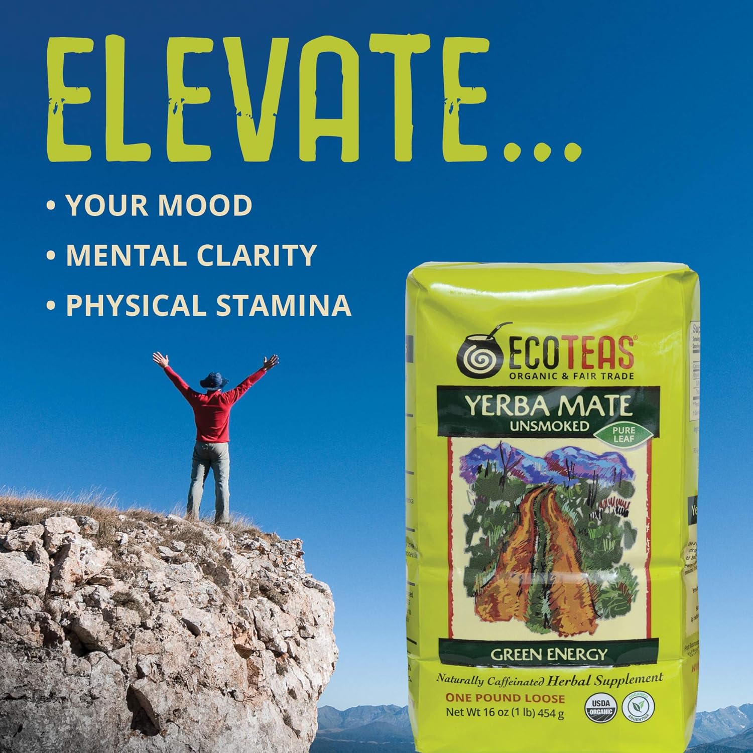 ECOTEAS Organic Yerba Mate Loose Leaf Tea – Natural Energy & Detox Herbal Tea – Caffeine Alternative - Kosher, Non-GMO, Gluten-Free - Unsmoked Pure Leaf from Argentina, 1 lb