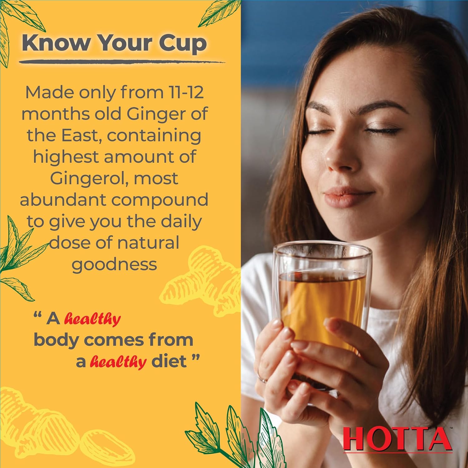 HOTTA Instant 100% Ginger Drink Powder, No Sugar, Bold & Spicy, Caffeine-Free Herbal Tea, Easy to Brew, Enjoy Hot or Cold, Real Thai Ginger, 12 Sachets