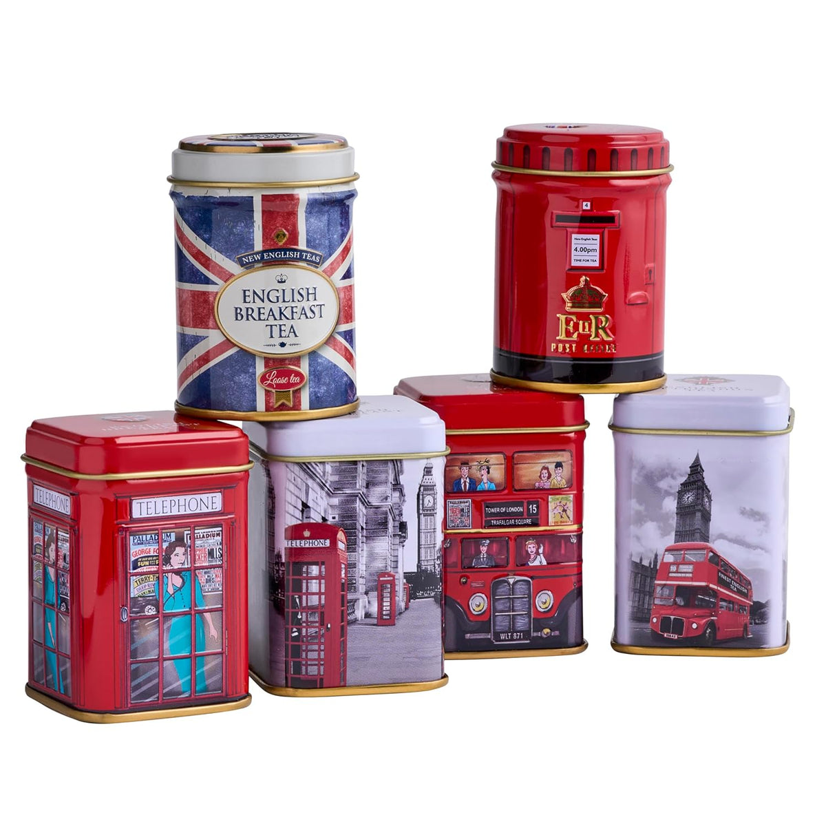 New English Teas British Icons 6x Tea Tin Gift Pack with 140g Loose English Tea - Union Jack
