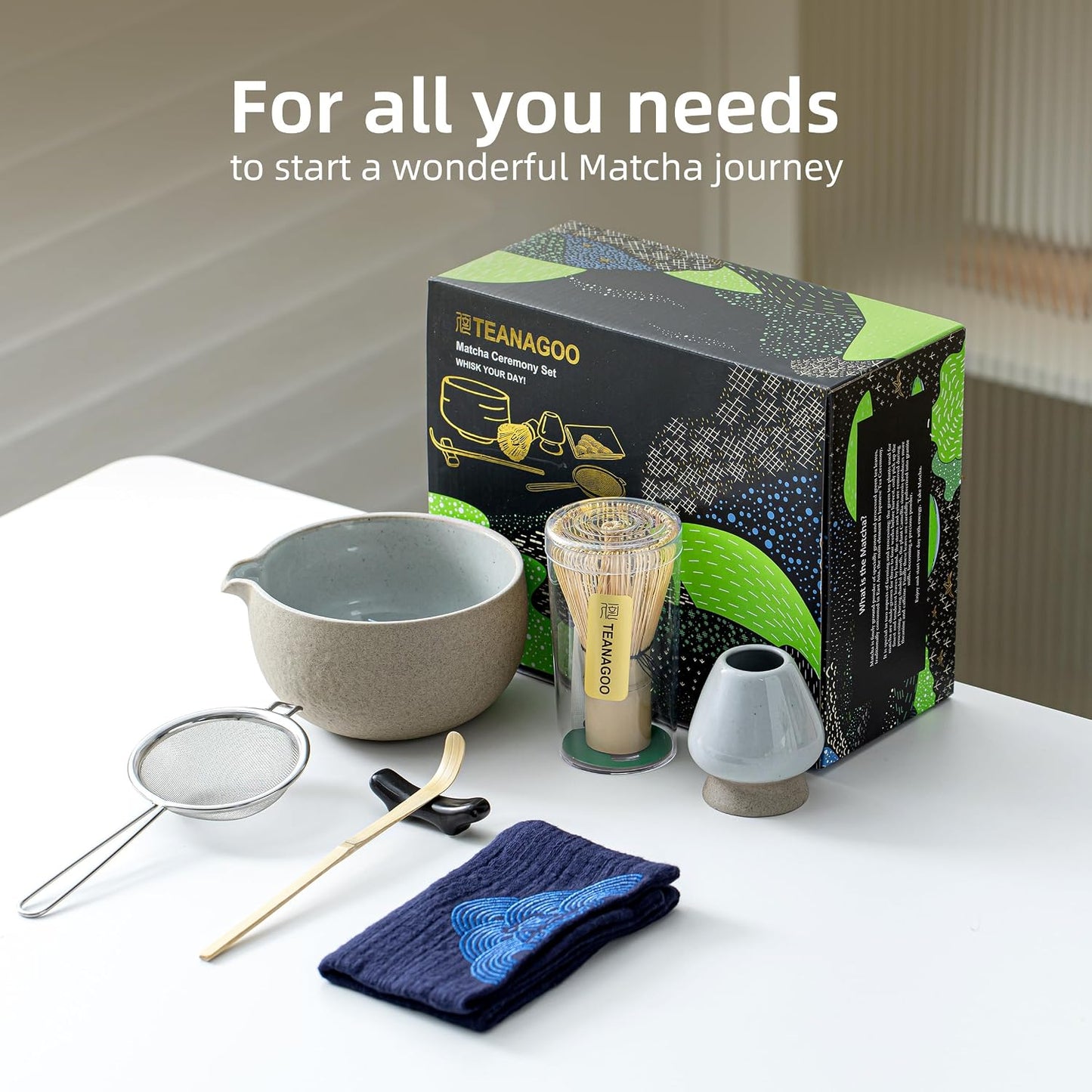 TEANAGOO Matcha Whisk Set,7 Pcs Matcha Set,Matcha Kit for Ceremony,Matcha Tea Set for Making Breakfast/Latte,Starter Kit Set and Bowl with All Accessories,Gift for Friend/Family