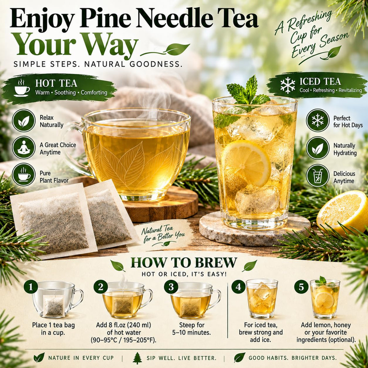 WOTIHA 80 Count Premium Wild-Harvested Pine Needle Tea Bags - 100% Natural White Pine Needles