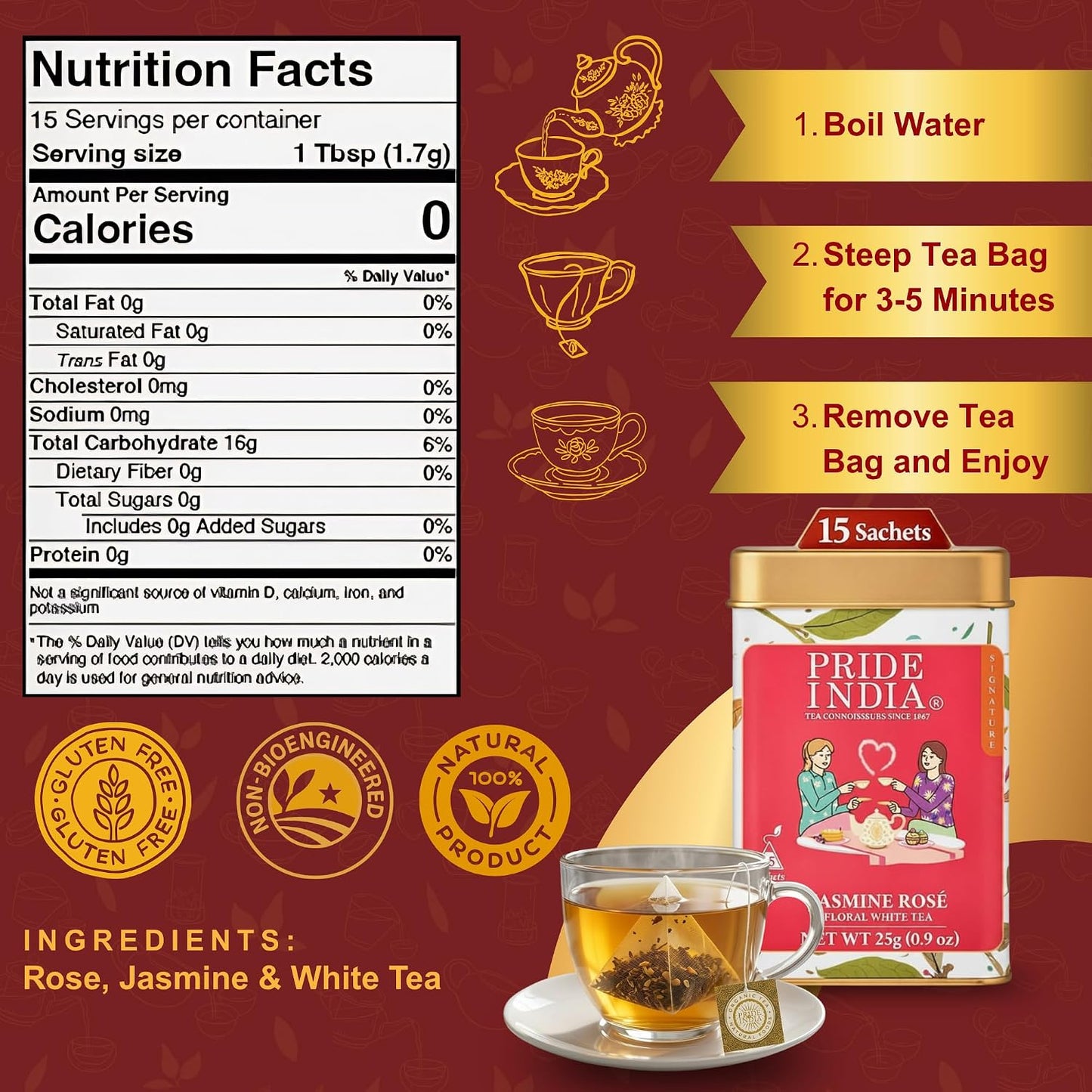 Pride of India Jasmine Rose Floral White Tea – 90 Pyramid Tea Bags (6 PACK) | Individually Wrapped Full Leaf White Tea with Rose &amp; Jasmine | Sweet Flavor Low Caffeine Tea for Smooth Calming Experience