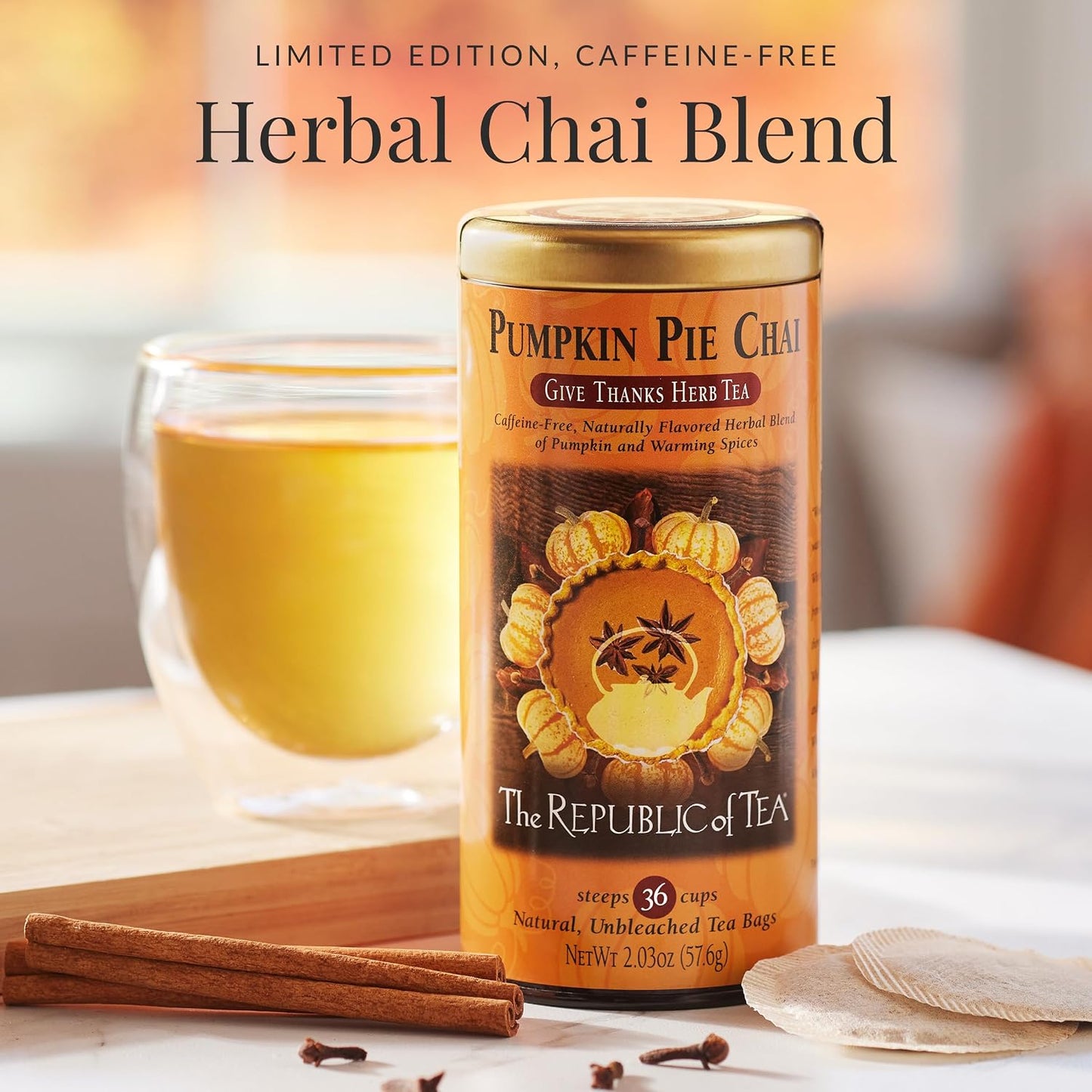 The Republic of Tea Pumpkin Pie Chai Herbal Tea, 36 Count | Caffeine free. Herbal chai with notes of pumpkin, cinnamon, nutmeg and clove. Enjoy hot or over ice.