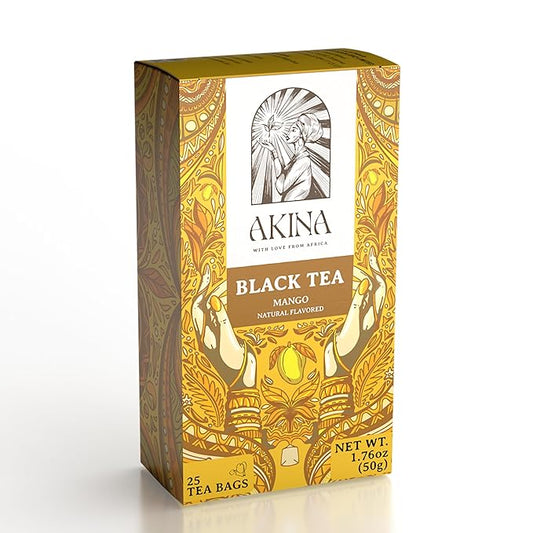 Akina Single-Origin Mango Black Tea Bags | 100% Naturally Flavored Fruit Tea, Kenyan Origin, Gourmet (25 String & Tag Bags, 50g)