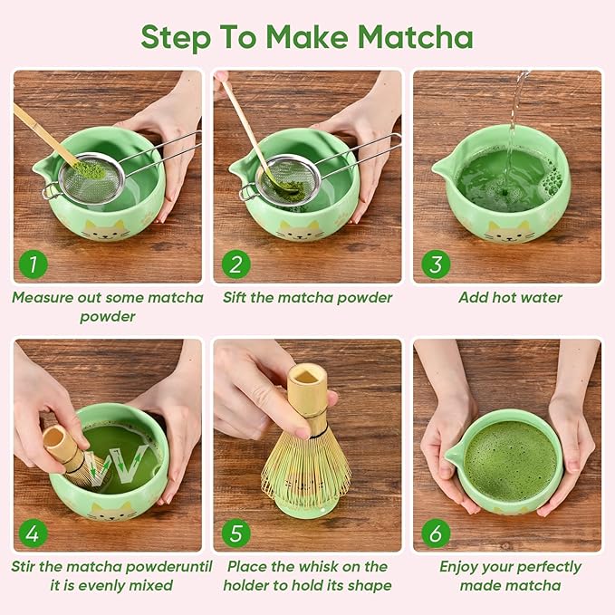 Matcha Whisk Set, 5Pcs Ceramic Matcha Set Includes Matcha Bowl, Matcha Whisk and Holder, Bamboo Scoop and Sifter