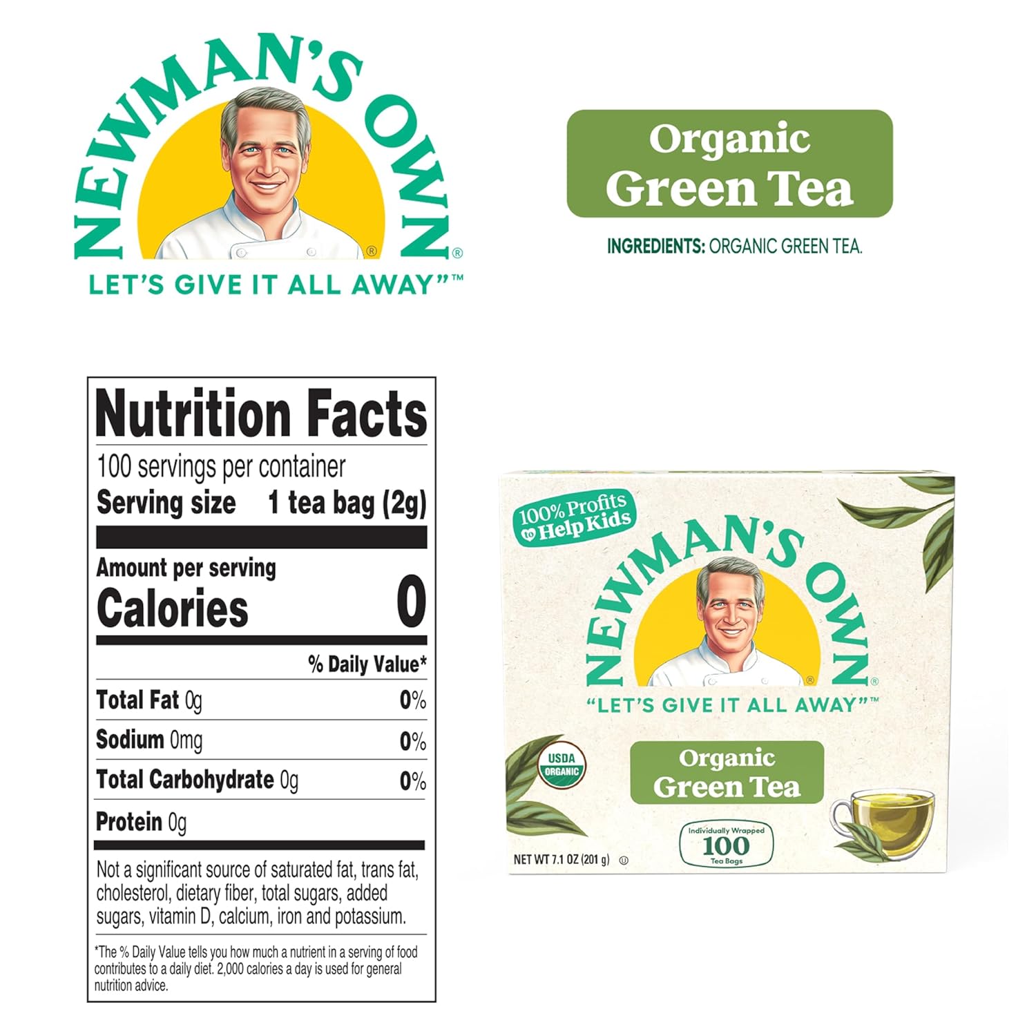 Newman's Own Organics Green Tea, 100 Individually Wrapped Tea Bags, 100 Count (Pack of 5)