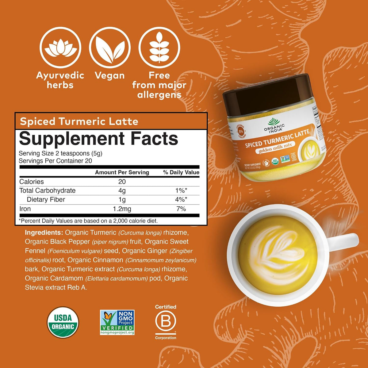 ORGANIC INDIA Spiced Turmeric Latte Powder, Golden Milk Mix, Vegan, 3.52 Oz | Authentic Blend, Gold Tea Drink, Ginger and Cinnamon, Ayurvedic Herbs, Caffeine Free, Zero Added Sugar