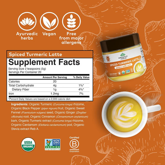 ORGANIC INDIA Spiced Turmeric Latte Powder, Golden Milk Mix, Vegan, 3.52 Oz | Authentic Blend, Gold Tea Drink, Ginger and Cinnamon, Ayurvedic Herbs, Caffeine Free, Zero Added Sugar