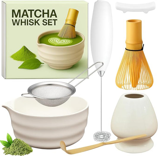 Matcha Whisk Set with Matcha Bowl - Matcha Set Included Electric Frother, Bamboo Whisk, Matcha Spoon, Bamboo Holder, Sifter, Spoon Stand (Wavy White)