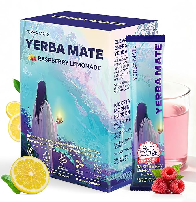 Zelfyrtisar Yerba Mate Instant Tea Powder – Clean Energy Drink for Focus & Brain Fog Support - Sugar-Free Raspberry Lemonade Flavor, 30 On-the-Go Vegan Pouches with Lion’s Mane, Ashwagandha & Probiotics
